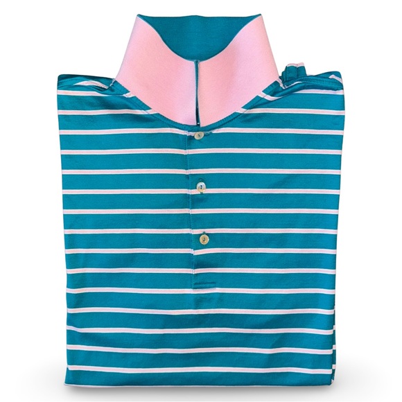 Peter Millar Crown Teal Pink Striped Polo w Contrast Collar - Picture 7 of 11